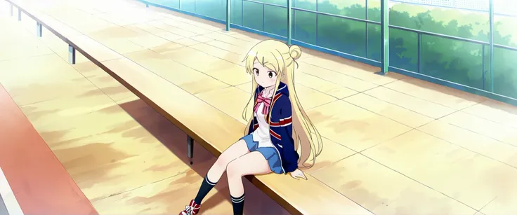 1girl,unwellness(autonomic nervous system disorder and depression) thick thighs Kujou Karen very long hair,blonde hair,single hair bun,hairclip,x hair ornament,sidelocks,side swept bangs,black eyes,white shirt,collared shirt,union jacket,pink bowtie,neck r...