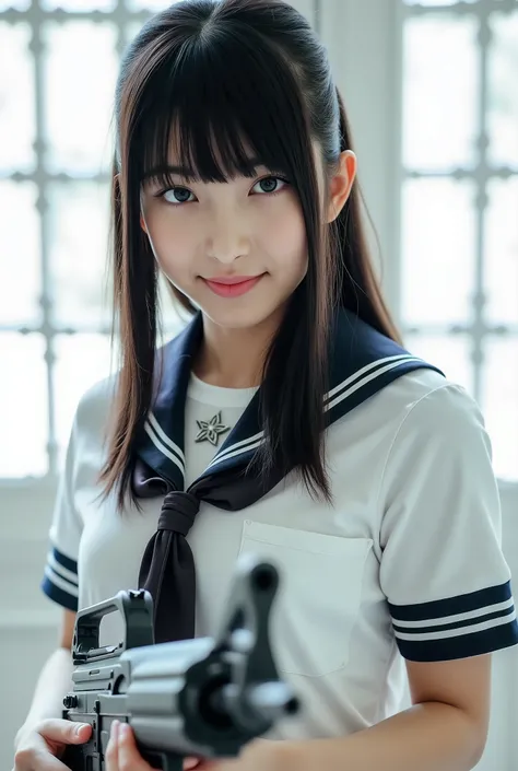 Design an enchanting image for a photo book featuring a Japanese idol girl. She has fair skin, long, straight black hair styled in a ponytail, and is wearing a sailor uniform. With a smile, she holds a machine gun, blending innocence with strength. The sce...