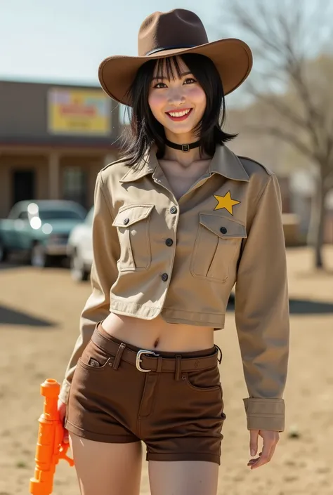 Create a portrait of a stunning Japanese female singer. She has a slim physique, medium-sized bust, and slender legs. Her hair is medium-length, and she is dressed in a Western-style sheriff outfit. She is smiling while holding a toy water gun, set against...