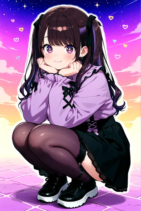 cute anime otoko no ko, jirai_kei, gothic_ta, dark brown and purple gradation medium-length hair, big sparkling brown and lavender eyes, black bows in hair, black skirt, garter straps, legwear garter pantyhose, soft pastel aesthetic, surrounded by small he...