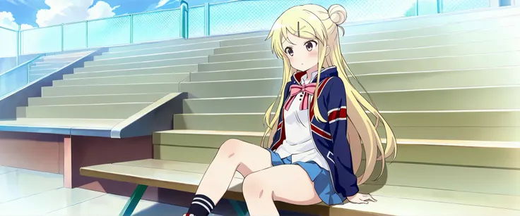 1girl,unwellness(autonomic nervous system disorder and depression) thick thighs Kujou Karen very long hair,blonde hair,single hair bun,hairclip,x hair ornament,sidelocks,side swept bangs,black eyes,white shirt,collared shirt,union jacket,pink bowtie,neck r...