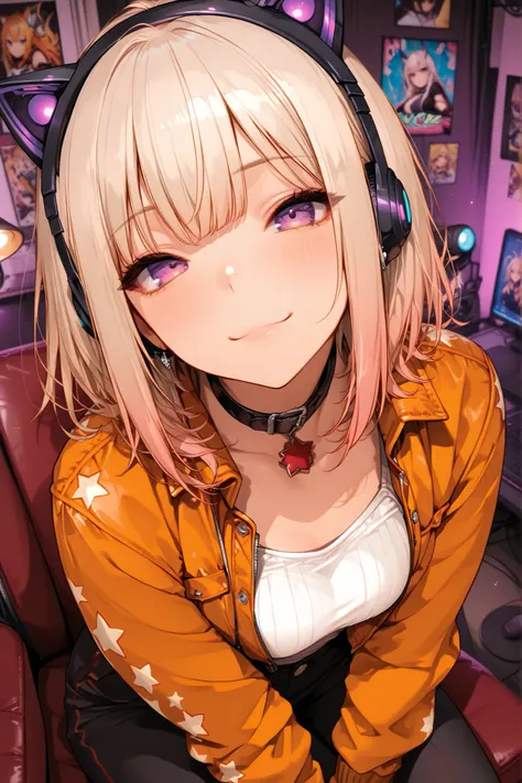 anime-style VTuber, soft platinum blonde hair with pale yellow gradient, smooth and flowing texture, subtle highlights, slightly messy strands, pink inner ears, soft fur texture, slight tilt of head, vivid purple eyes with small sparkles, slightly playful ...