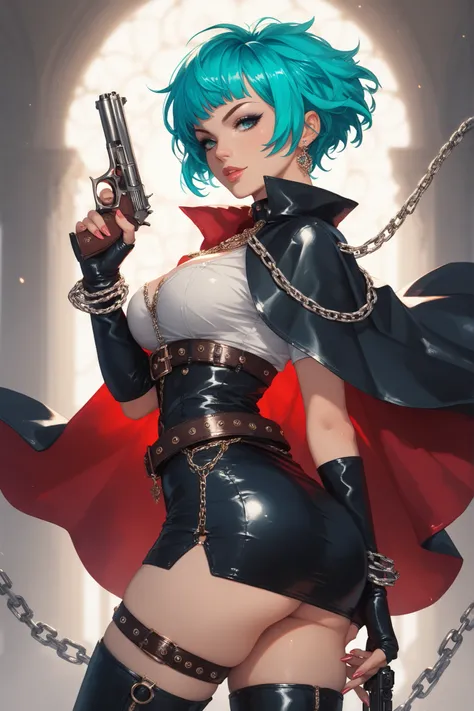 Female Gunman, Outfit with a Leather Cloak, 35, (short (turquoise hair)), medium ass, big perky breasts, (intricate chain belt and metal chain jewelry), (thigh high pumped western style stiletto boots), flintlock pistol, wild west