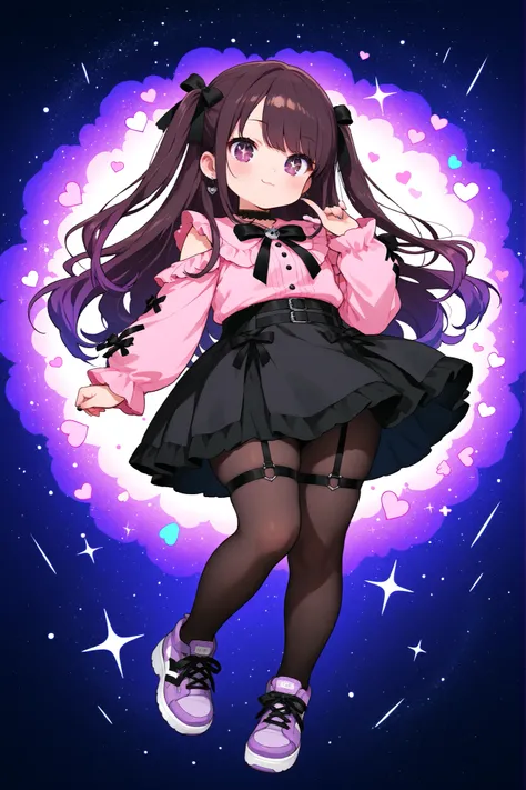 cute anime otoko no ko, jirai_kei, gothic_ta, dark brown and purple gradation medium-length hair, big sparkling brown and lavender eyes, black bows in hair, black skirt, garter straps, legwear garter pantyhose, soft pastel aesthetic, surrounded by small he...