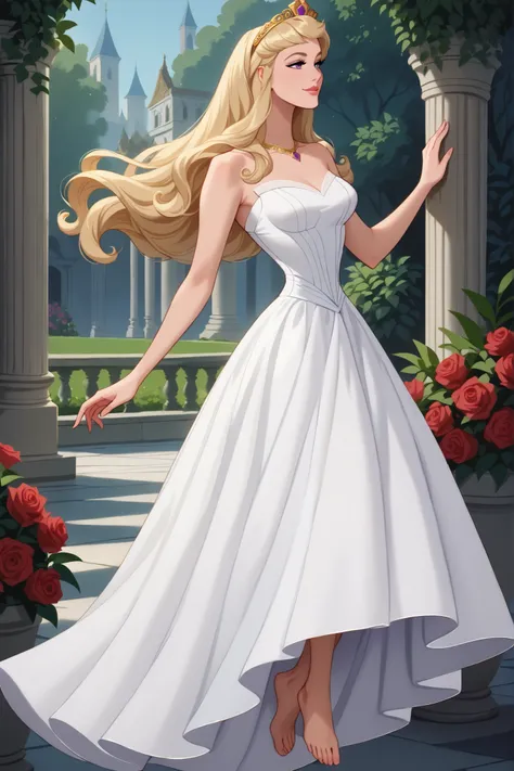 score_9, score_8_up, score_7_up, best quality, masterpiece, 4k resolution, 1girl, solo, Aurora_SB, full body, long hair, blonde hair, violet eyes, upright, elegant posture, white dress, medium breasts, bare arms, bare feet, smooth body, clean skin, flying,...