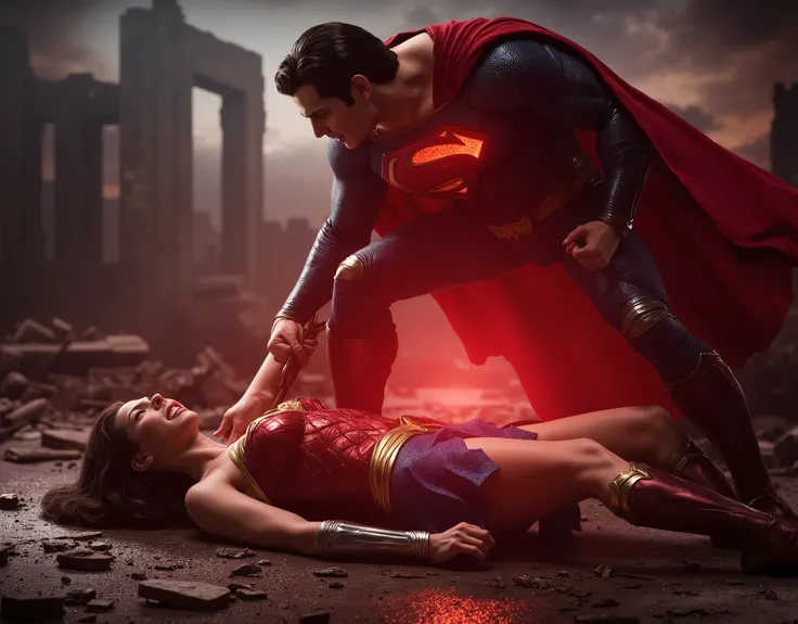 Wonder woman is laying down flat on the ruin, she is attacked by Superman, nervous, painful, eyes close, Superman is bending over her body, his eyes is red, red light from his eyes, whole body visible from head to feet, hyperrealism,