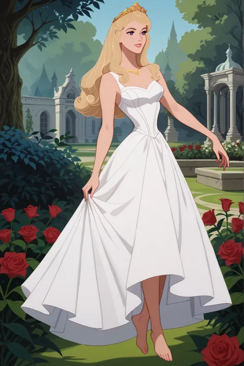 score_9, score_8_up, score_7_up, best quality, masterpiece, 4k resolution, 1girl, solo, Aurora_SB, full body, long hair, blonde hair, violet eyes, upright, elegant posture, white dress, white skirt, medium breasts, bare arms, bare feet, smooth body, clean ...