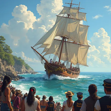 un bateau naviger sur l'eau et sur le bort la foule le regarde
