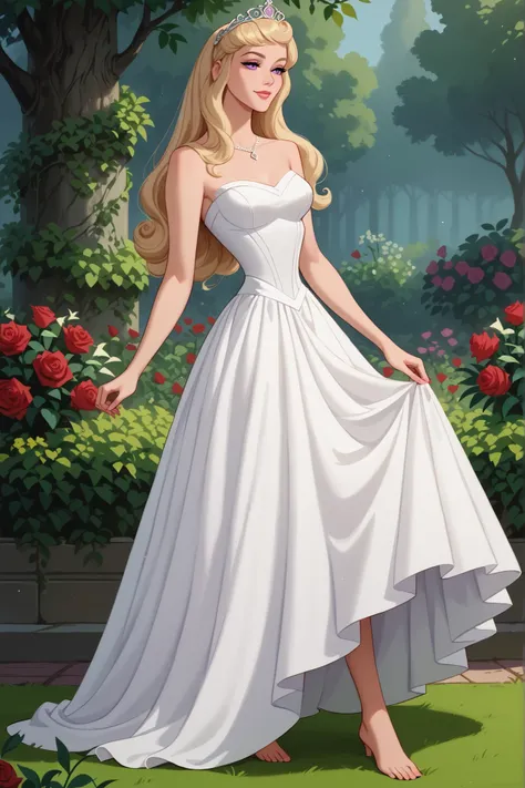 score_9, score_8_up, score_7_up, best quality, masterpiece, 4k resolution, 1girl, solo, Aurora_SB, full body, long hair, blonde hair, violet eyes, upright, elegant posture, white dress, white skirt, medium breasts, bare arms, bare feet, smooth body, clean ...