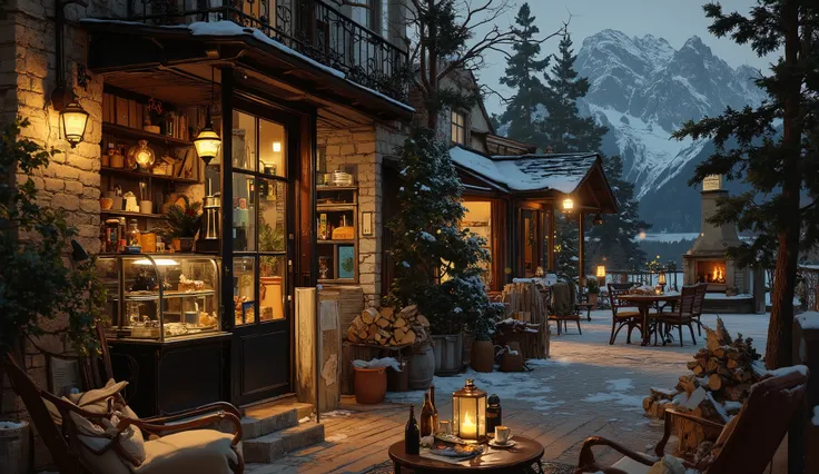 depicting a cafe built of natural brick , rustic and beautiful , looking from the window onto the lake and snow-capped mountains , It there is a beautiful shiny metal coffee pot , glass counter with bread and pastries , with comfortable wooden stools , ...