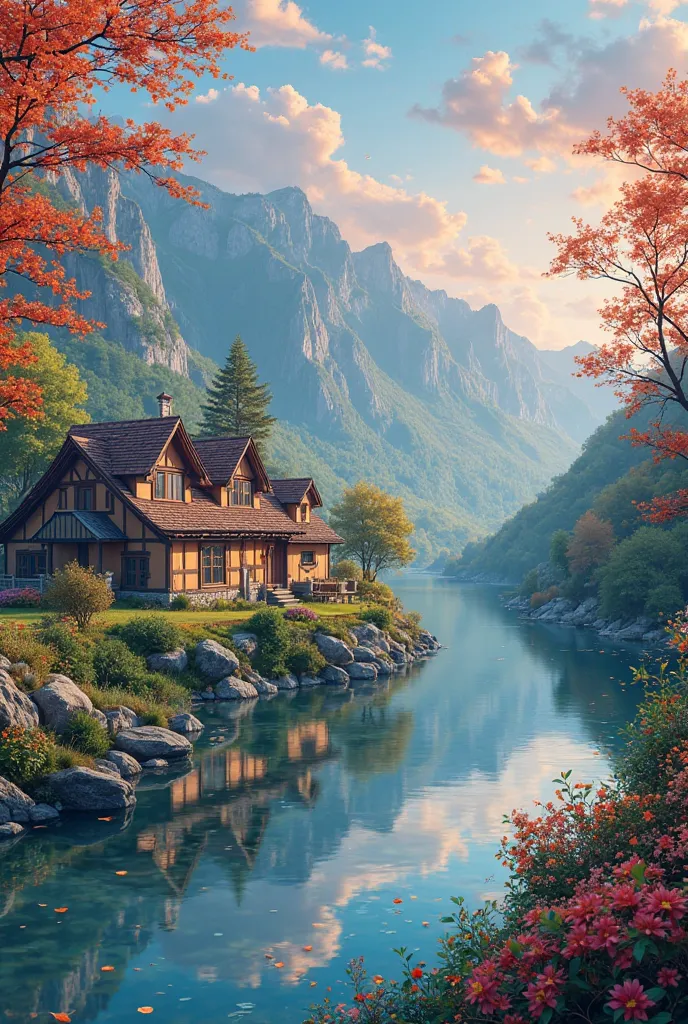 a small village by the river，Mountains in the background，Flowers in bloom，brightly colored， Detailed Scenery ， Beautiful natural landscape ，Mood lighting，Scorching sunset，Warm colors，practical，practical摄影， Detailed Leaves，Complex buildings，highly detailed，...
