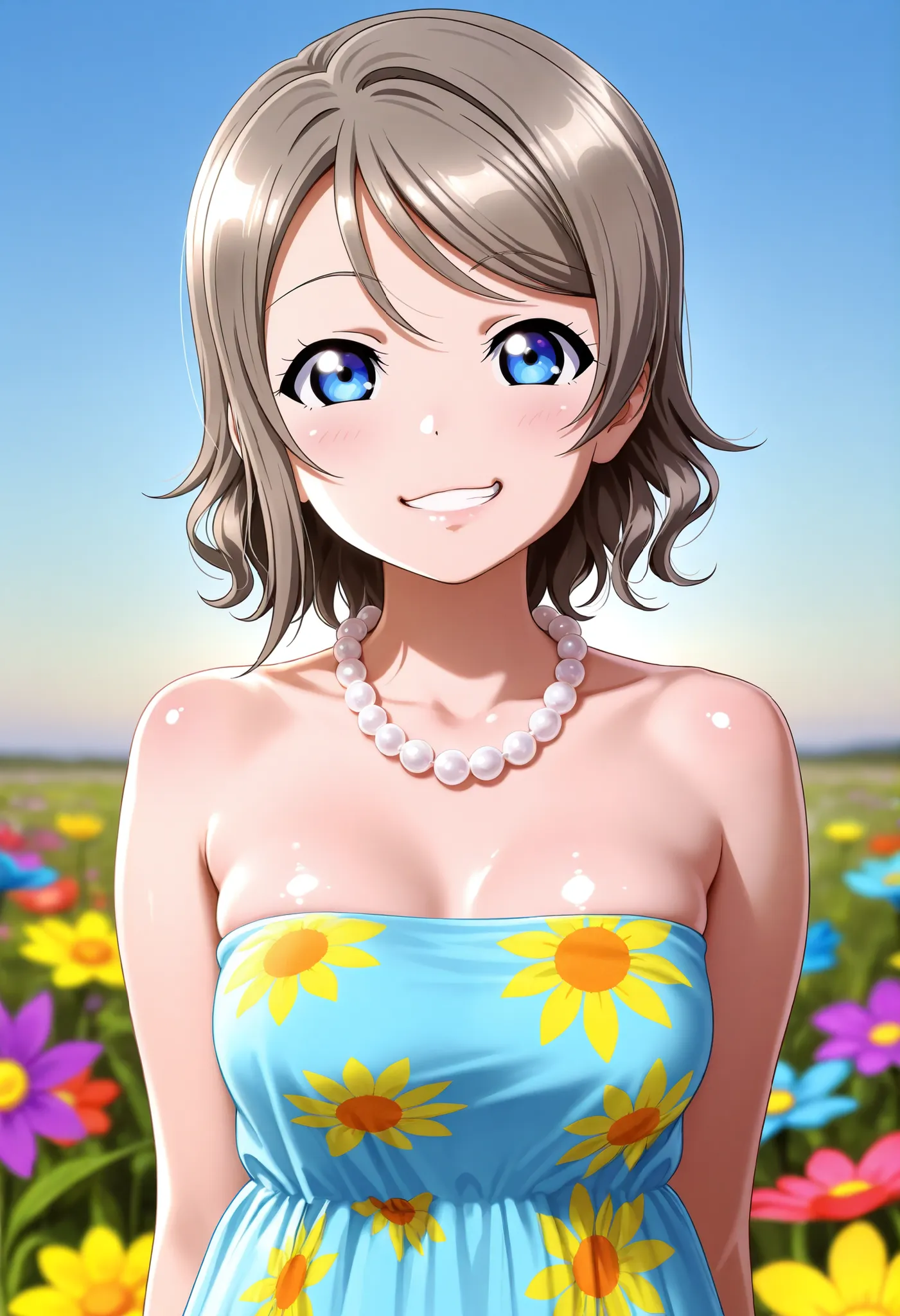 Professional artwork, official artwork,hdr,semi realistic, Watanabe you,shiny skin, first-rate breasts, colourful flowers print sun dress, strapless,pearl necklace, looking at viewer, teasing expression