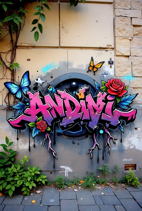 Cool graffiti spelling black pink 'Andini' on a stone wall background, butterfly ,red blue rose, creeping roots, Chinese
