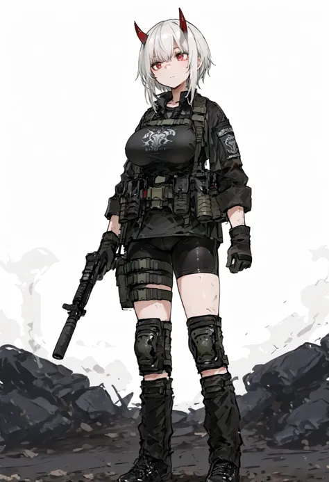 1girl, solo, white hair, red eyes, devil horns, red horns, large breasts, black combat shirt, black bike shorts, black knee pads, loose black gaiters, black gloves, black shoes, tactical gear, standing