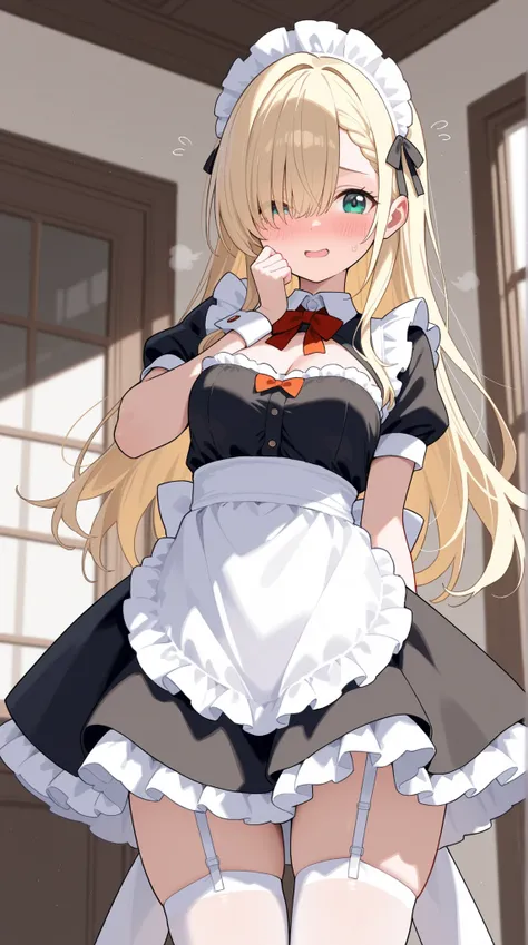 maid, one eye hidden, shy face, Expression of impatience