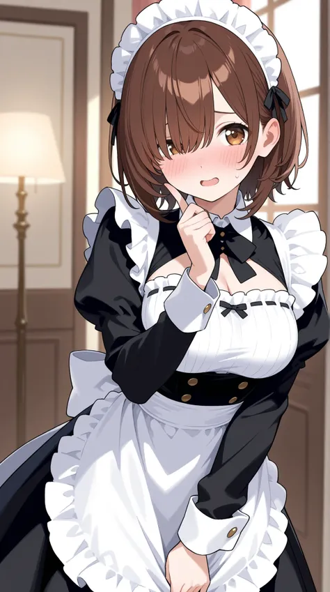 maid, one eye hidden, shy face, Expression of impatience