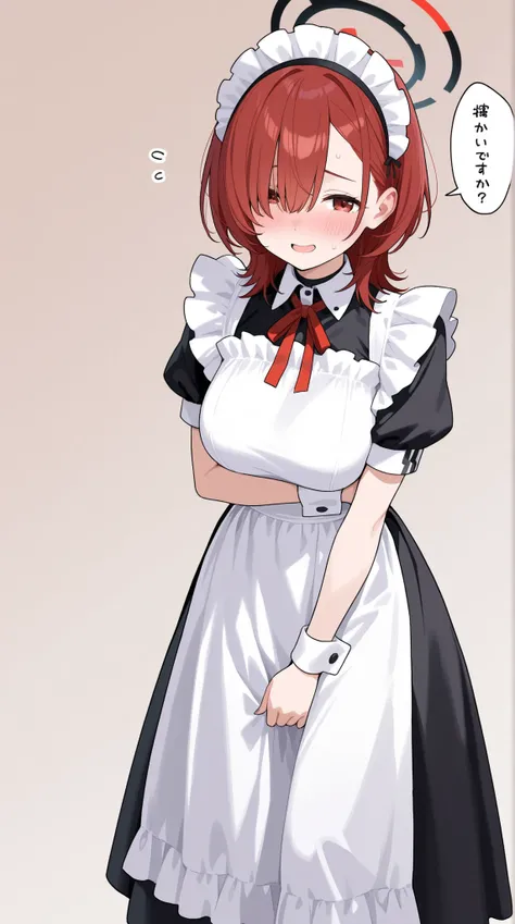 maid, one eye hidden, shy face, Expression of impatience
