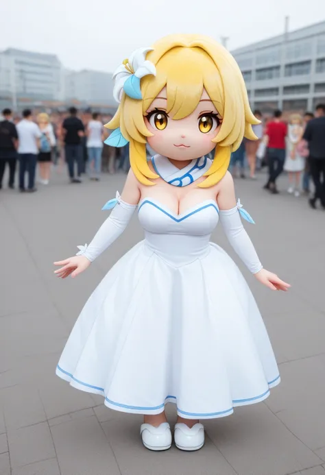 rating_safe, mascot characters, plush,  chibi, full body,  solo , 
outside, crowd 

1 girl, lumine, bangs, blonde hair, hair ornament, hair between eyes, yellow eyes, flower, hair flower, feather hair ornament, dress, bare shoulders, detached sleeves, scarf, white dress, white footwear, cleavage, detached collar,
,
