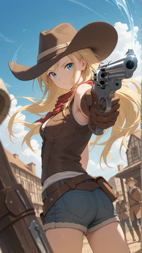 An anime-style illustration of a beautiful Swedish cowgirl with long, flowing blonde hair and bright blue eyes, wearing a stylish Western outfit and a wide-brimmed hat. She stands confidently in the middle of a dusty frontier town, aiming a shiny revolver ...