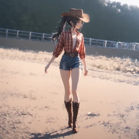 Bright Red Summer America Wild West 　， Adult Female　  dark eyes　  black hair　  Walking Along the Road ，　Full Body Portrait　　  small breasts、Women Are Western Cowboy Costumes  , Cowboy hat，Leather Boots， ponytail　，sketchanime，PonyScores,score_9, score_8_up,...