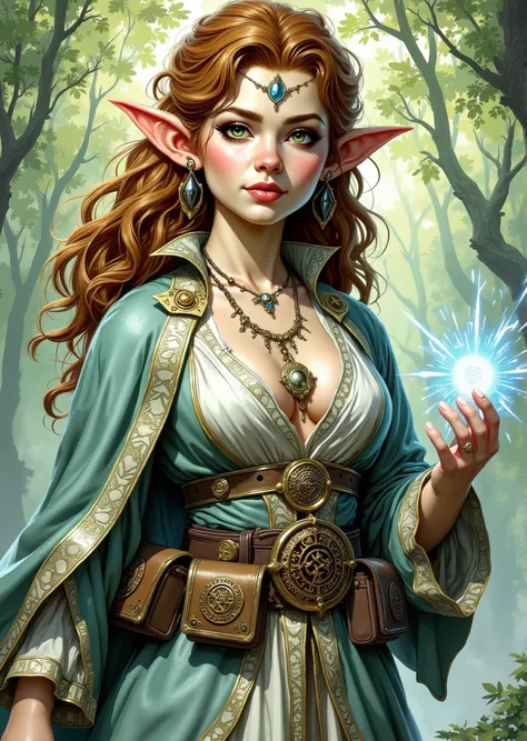 An extremely detailed comic book illustration of a stunningly beautiful extremely curvaceous Gnome from Dungeons and Dragons petite magical folk with big eyes and pointed ears created by gods of invention and illusion seldom seen by other folk due to the g...