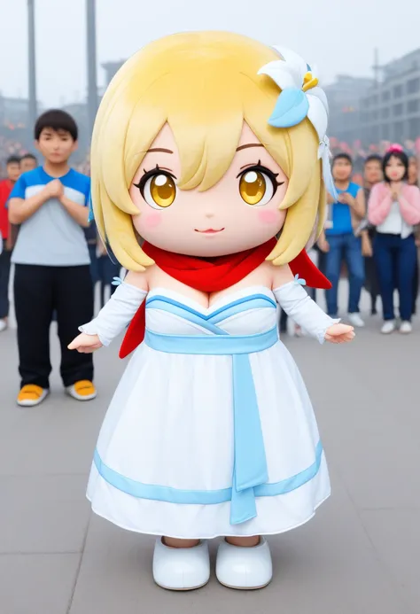 rating_safe, mascot characters, plush, ((chibi)), full body, outside, ((((1girl 1boy crowd)))), lumine, lumineとリアルでカジュアルな服装の男性との自撮り, bangs, blonde hair, hair ornament, hair between eyes, yellow eyes, flower, hair flower, feather hair ornament, dress, bare shoulders, detached sleeves, scarf, white dress, white footwear, cleavage, detached collar, ,
