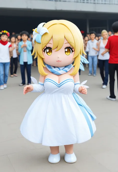rating_safe, mascot characters, plush, ((chibi)), full body, outside, ((((1girl 1boy crowd)))), lumine, lumineとリアルでカジュアルな服装の男性との自撮り, 浮かれたポーズをする, bangs, blonde hair, hair ornament, hair between eyes, yellow eyes, flower, hair flower, feather hair ornament, dress, bare shoulders, detached sleeves, scarf, white dress, white footwear, cleavage, detached collar, ,
