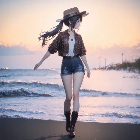 America's wild western wilderness in the bright red summer 　， Adult Female　  dark eyes　  black hair　  Walking Along the Road ，　Full Body Portrait　　  small breasts、Women Are Western Cowboy Costumes  , Cowboy hat，Leather Boots， ponytail　，sketchanime，PonyScor...