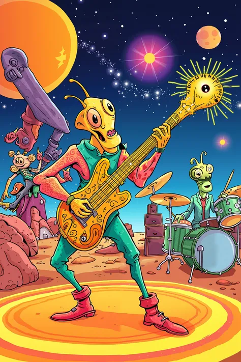 A brightly colored cartoon depicts a band of various alien creatures performing in a space setting. In the foreground, a two-legged alien with pink and orange mottled skin, large black eyes, and antennae plays a large, ornate, light-yellow stringed instrum...