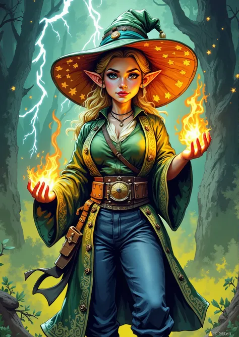 An extremely detailed comic book illustration of a stunningly beautiful extremely curvaceous Gnome from Dungeons and Dragons petite magical folk with big eyes and pointed ears created by gods of invention and illusion seldom seen by other folk due to the g...