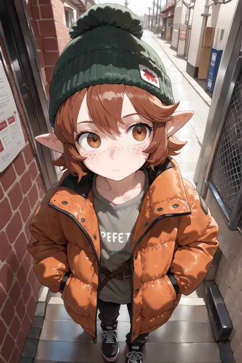1boy, male, long pointy ears, brown hair, casual clothes, green beanie, young, modern world, modern clothes, oversized jacket, male, freckles (masterpiece:1.2), (best quality:1.2), (very aesthetic:1.2), (absurdres:1.2), (detailed background), newest, perf...