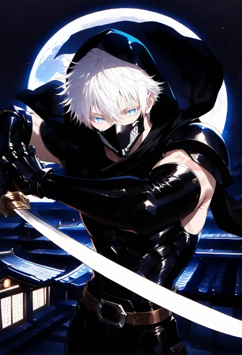 1man, gojou satoru /(jujustu kaisen/), detailed eyes, blue eyes, white hair, short hair, detailed eyelashes, colored eyelashes, sexy man, trained body, muscular, handsome, cool, mature man
scar on right eye, moon, dark sky, standing on a rooftop, temple r...