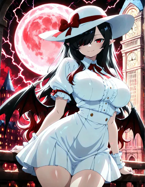 1 girl, Kuroki Monika, red eyes, gradient hair, black hair, red hair, long hair, asymmetrical hairline, hair over right eye, ((large breasts)), (petite but curvy), very cute, lovely, bat wings, wings, hat, hat ribbon, short sleeves, wrist cuffs, puffy shor...