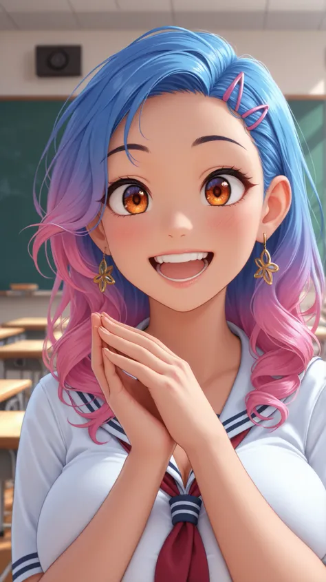 two school girls, classroom, wearing school uniform, large breasts, dynamic hair, vibrant hair, head only, close up, zoomed in, gal, high detail, 4k, real skin, lots of hair clips, cute earring on one ear, happy, mouth open, hands together, hands titled to...