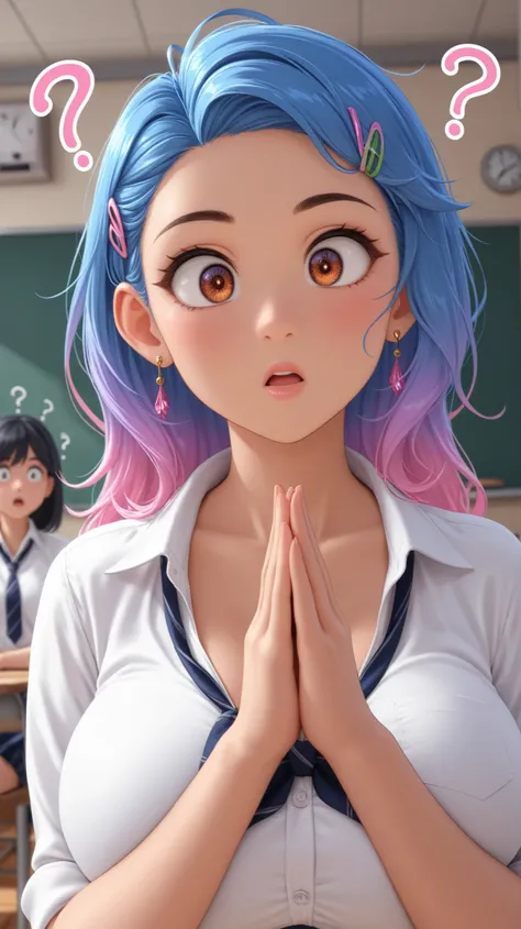 two school girls, classroom, wearing school uniform, large breasts, dynamic hair, vibrant hair, head only, close up, zoomed in, gal, high detail, 4k, real skin, lots of hair clips, cute earring on one ear, confused, questioned facial expression, hands toge...