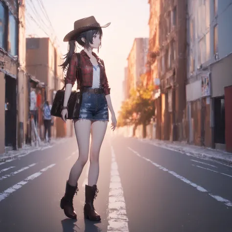 America's wild western wilderness in the bright red summer 　， Adult Female　  dark eyes　  black hair　  Walking Along the Road ，　Full Body Portrait　　  small breasts、Women Are Western Cowboy Costumes  , Cowboy hat，Leather Boots， ponytail　，sketchanime，PonyScor...