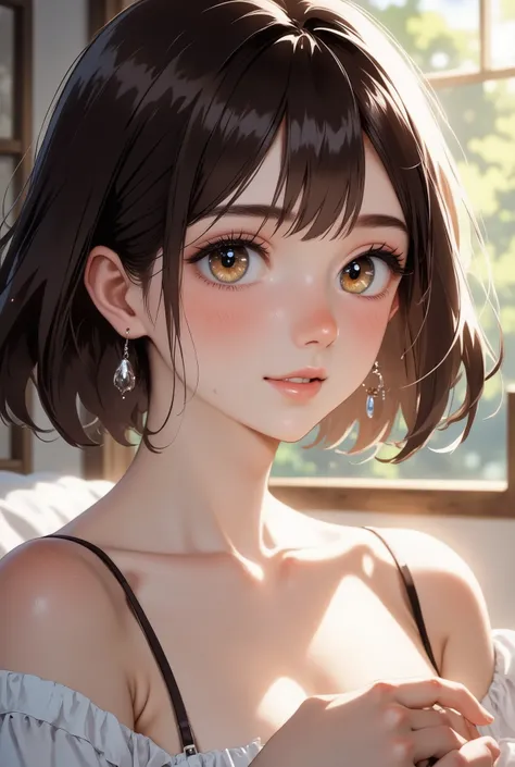 Highest Quality, soft light, Ultra High Definition, (PHOTO REALISTIC:1.4),  RAW photos , 1 Japanese tree girl, solo, cute, (shy smile:0.5), (brown eyes in the bedroom, light in the eye), detailed and beautiful face, (small breasts), (high resolution detail...