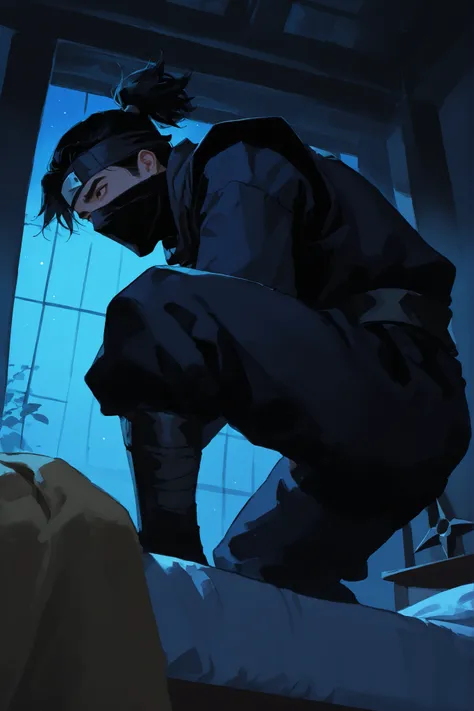 man, Ninja, male, man, man체형, young, night,  bed, low angle, With a shuriken