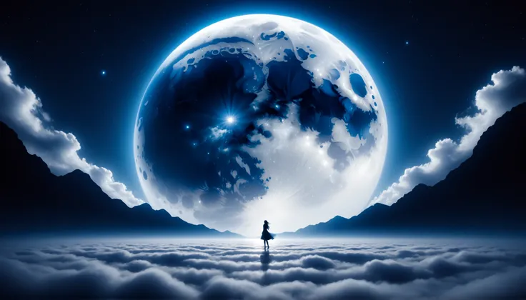 ( A huge blue moon that fills the screen ),one girl,sky full of stars,Clear pattern on the surface of the moon,