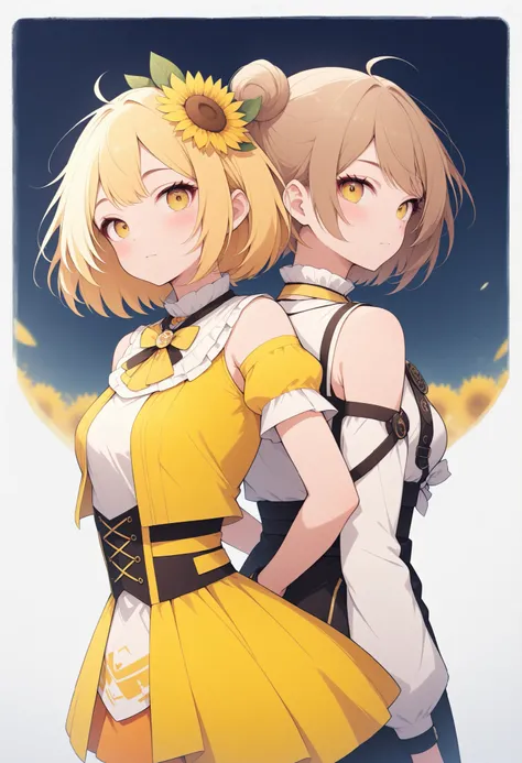 Kirie style、Character、yellow idol clothes、A fictional virtual V-tuber with the image of yellow and sunflowers、(A girl in plain clothes and a V-tuber in the real world of a V-tuber)、back to back