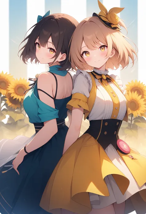 Kirie style、Character、yellow idol clothes、A fictional virtual V-tuber with the image of yellow and sunflowers、(A girl in plain clothes and a V-tuber in the real world of a V-tuber)、back to back