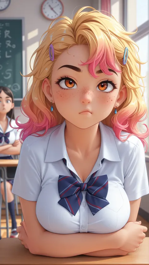 two school girls, classroom, wearing school uniform, large breasts, dynamic hair, vibrant hair, head only, close up, zoomed in, gal, high detail, 4k, real skin, lots of hair clips, earring on one ear, eyes squinting, pouty face, head turned to the left, ey...