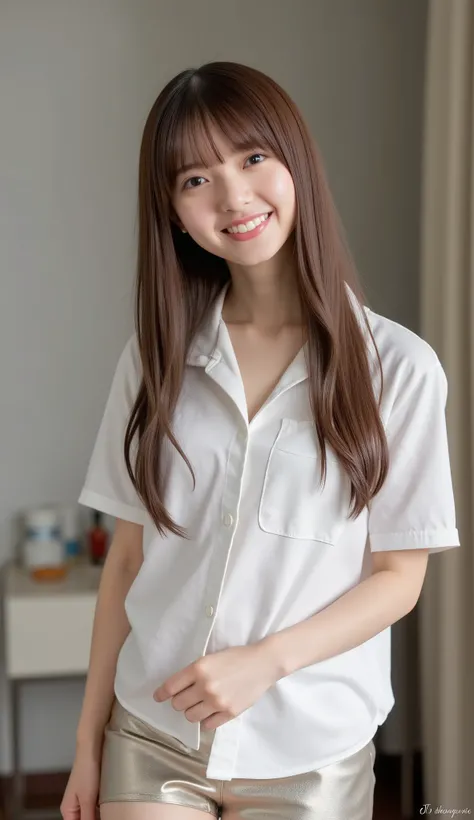 1 girl, 20 years old, young girl, Japanese girl, Dark gold long hair, (wearing a short-sleeved shirt with open buttons, plated miniskirt), show me a micro bra, button, Photo selfie, close-up, Big Breasts, skinny, Chest, smile