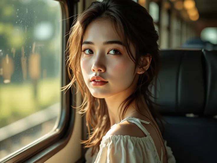 Hyperrealistic photo, Canon EOS R5 emulation, young Thai woman on a train journey, morning light streams through the window, reflecting in her brown hair, calm expression, 4:3 aspect ratio, detailed, 8K
