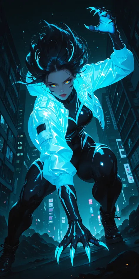 Girl, light jacket, neon, wolverine claw, dynamic pose, action, view from below