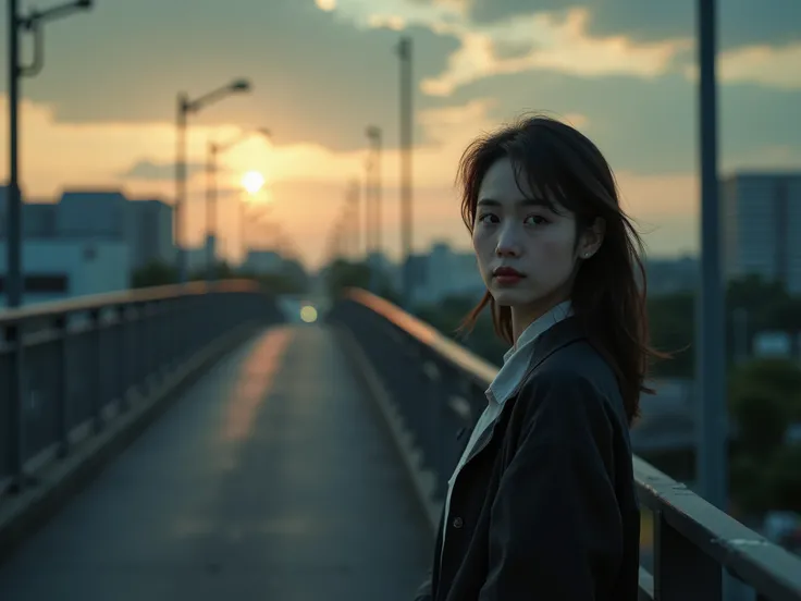 Photorealistic portrait of a lonely, bored 30-year-old Thai working woman walking on an overpass at dusk. Canon EOS R5, 8K UHD, 4:3 aspect ratio. Low camera angle looking up, long shadows, shallow depth of field, emphasizing her isolation