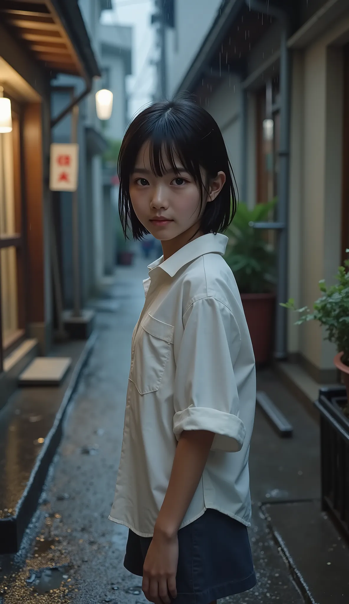 (8k), (best quality), (realistic), RAW photo, (photorealistic:1.4), Extremely Detailed, cute Japanese girl, No makeup, ((pixie cut)) , bungs, expressionless, wet dark hair,oversized wet shirt, bare feet, night, Narrow Back Alley, dirty passageway, rain, ...