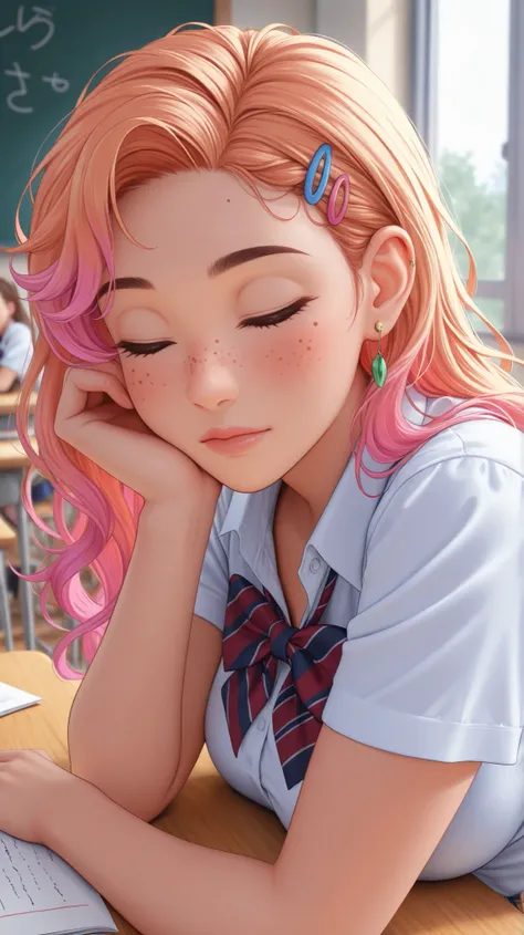 two school girls, classroom, wearing school uniform, large breasts, dynamic hair, vibrant hair, head only, close up, zoomed in, gal, high detail, 4k, real skin, lots of hair clips, earring on one ear, sitting at her desk, leaning forward, head lying on her...