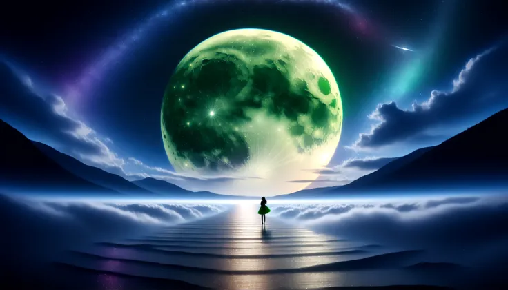 ( 画面いっぱいな巨大で鮮やかなgreenい月:1.5 ),(one girl:1.5),( Huge Moon:1.5),sky full of stars,(Clear and beautiful pattern on the surface of the moon:1.5),Detailed Scenery ,Night Sky,(Milky Way Galaxy:1.5),(Milky Way Galaxy:1.5),(Alps:1.5),湖に移る Huge Moonと星々,Ultramarine,...