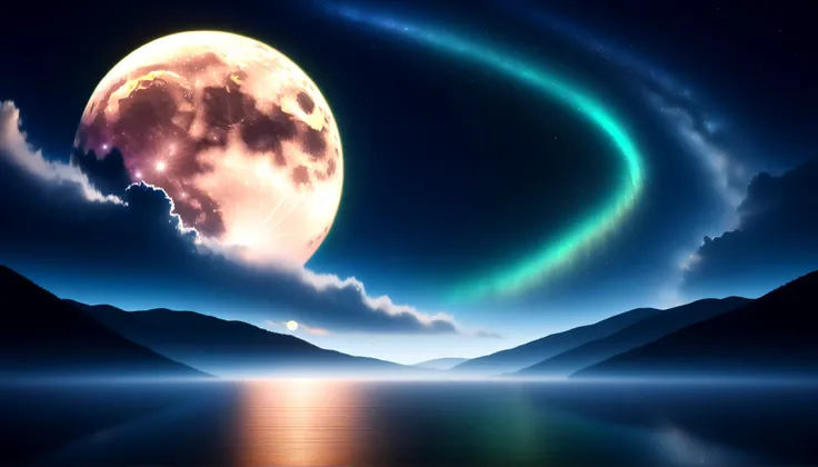 ( 画面いっぱいな巨大で鮮やかなgreenい月:1.5 ),(one girl:1.5),( Huge Moon:1.5),sky full of stars,(Clear and beautiful pattern on the surface of the moon:1.5),Detailed Scenery ,Night Sky,(Milky Way Galaxy:1.5),(Milky Way Galaxy:1.5),(Alps:1.5),湖に移る Huge Moonと星々,Ultramarine,...